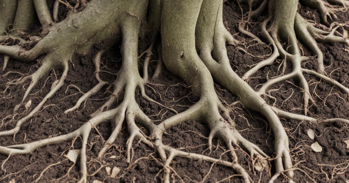 Zbliżenie na podstawę krzewu trzmieliny, ukazujące glebę, korzenie i dolną część pędów.