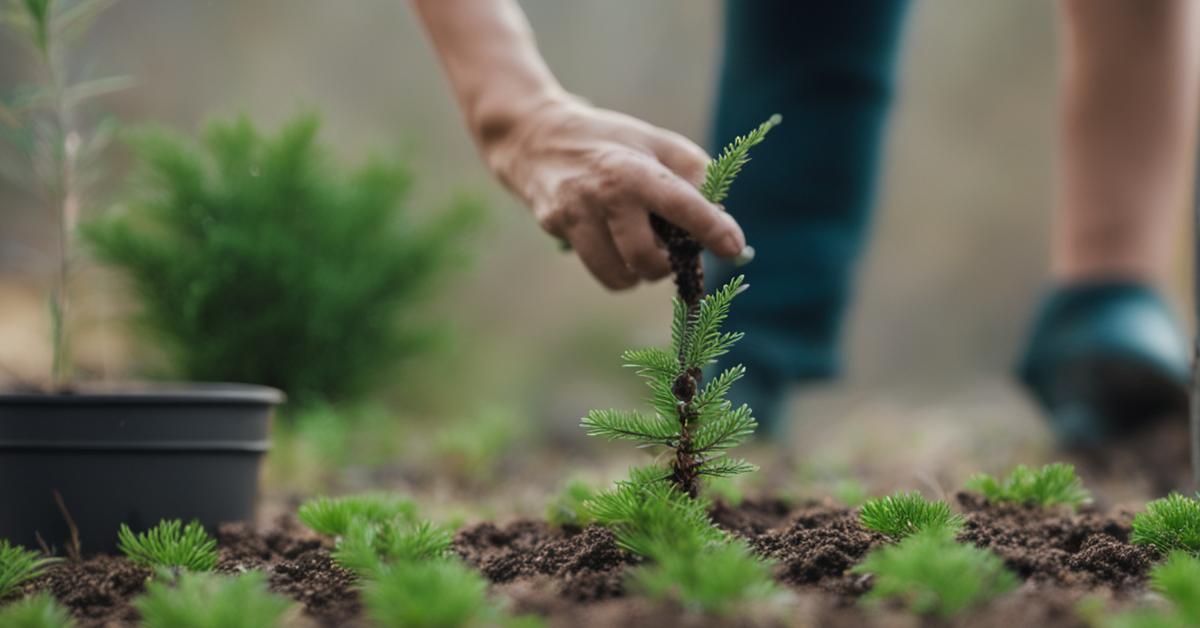 Osoba podlewa świeżo przesadzony świerk, widoczne krople wody na ziemi.