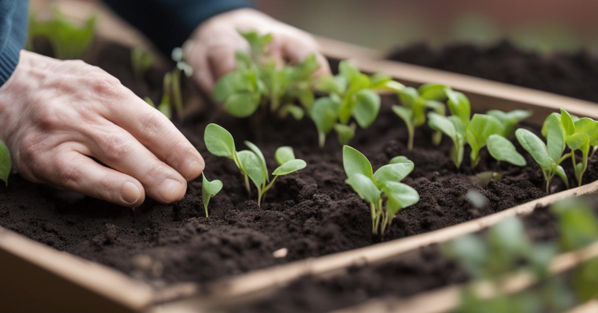 Dłoń delikatnie umieszcza sadzonki w przygotowanej skrzyni z ziemią, widoczne narzędzia ogrodnicze w tle.