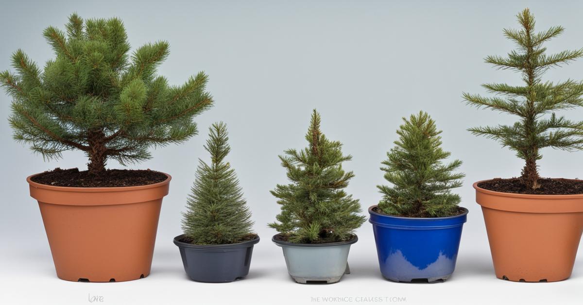 Różne odmiany małych świerków w donicach, ukazujące różnice w kolorze igieł i kształcie.