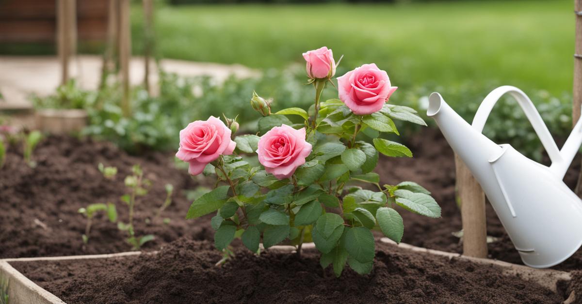 Podlewanie świeżo przesadzonej róży w ogrodzie.