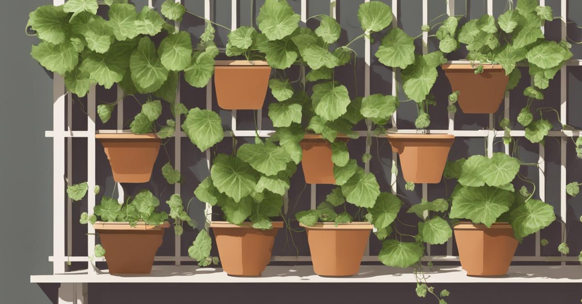 Widok na balkon z ogórkami uprawianymi pionowo na podporach i poziomo w skrzyni, z widocznymi owocami.