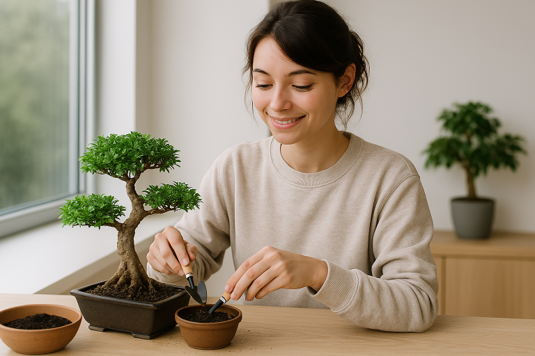 Karolina Piłat podczas pracy z bonsai